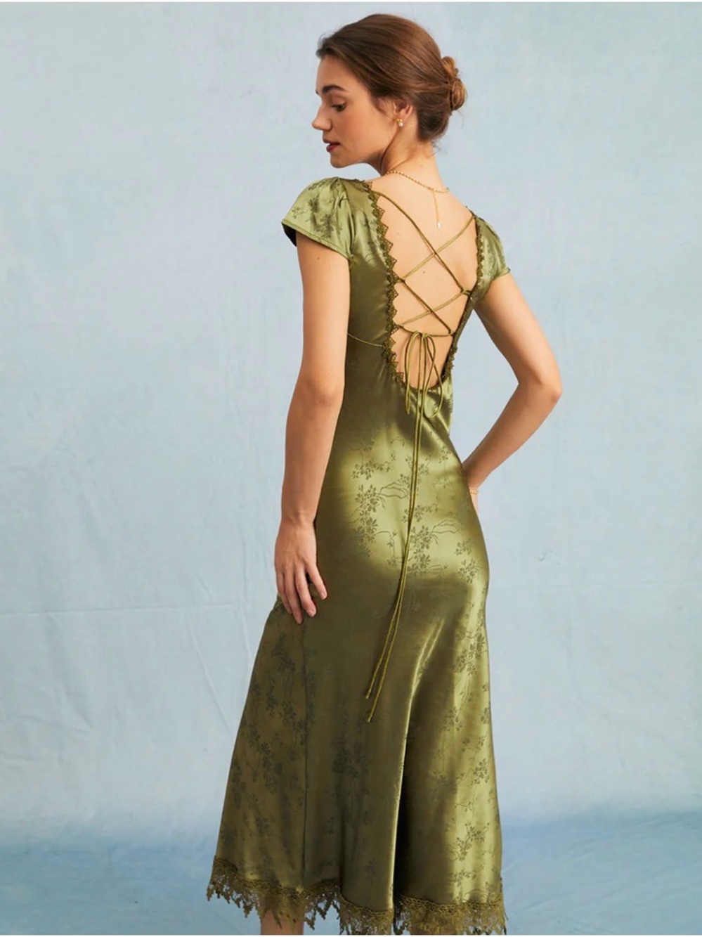 NWT Rihoas Olive Green Jacquard Cap Sleeve Satin Midi Dress XL Cottagecore - Picture 5 of 11